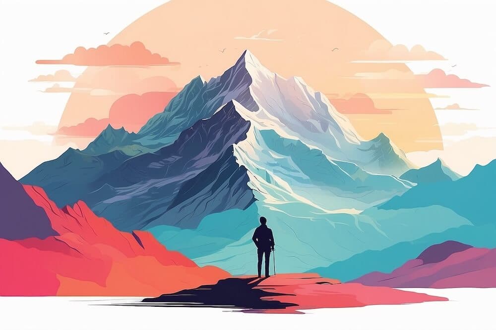 Silhouette at the base of a towering mountain, gazing towards the summit