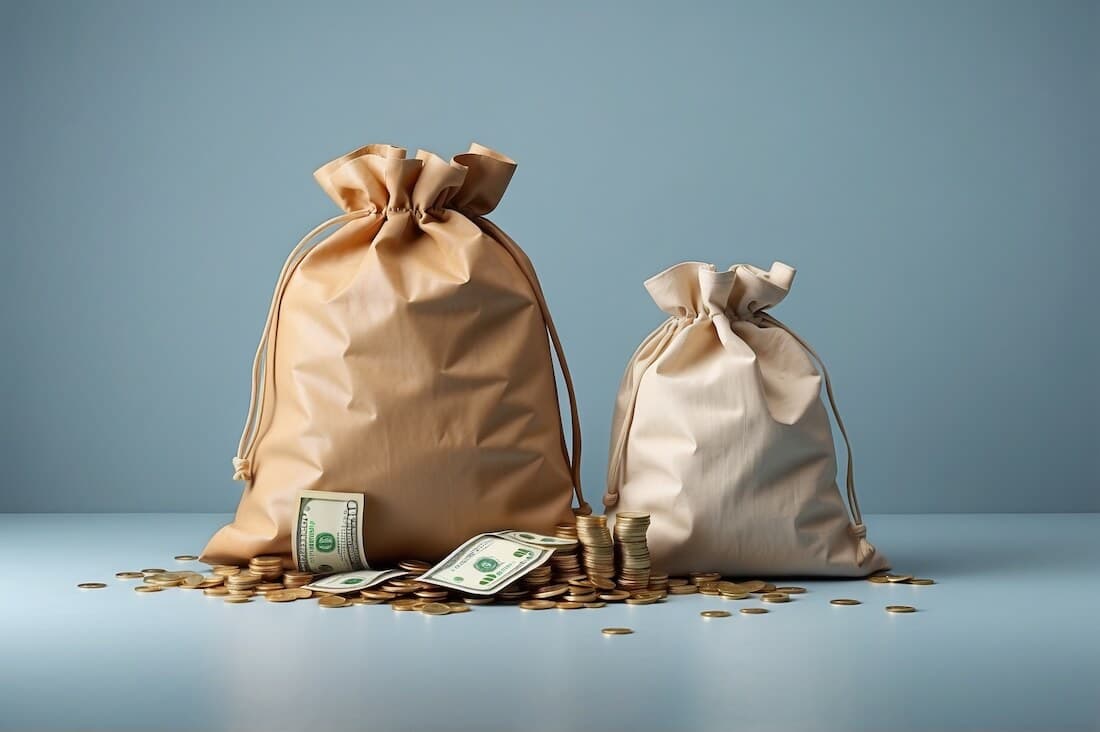 Comparison of money sacks representing different fundings - one small, one large