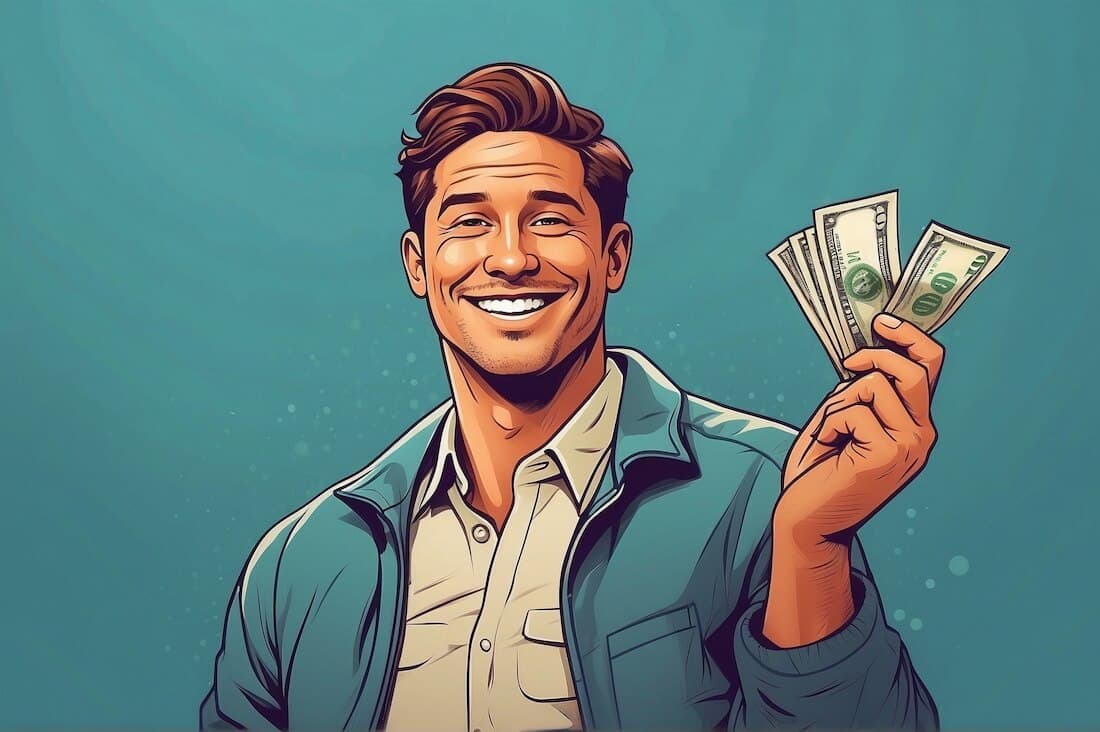 Entrepreneur waving with a dollar bill, showcasing cost-effective customer development