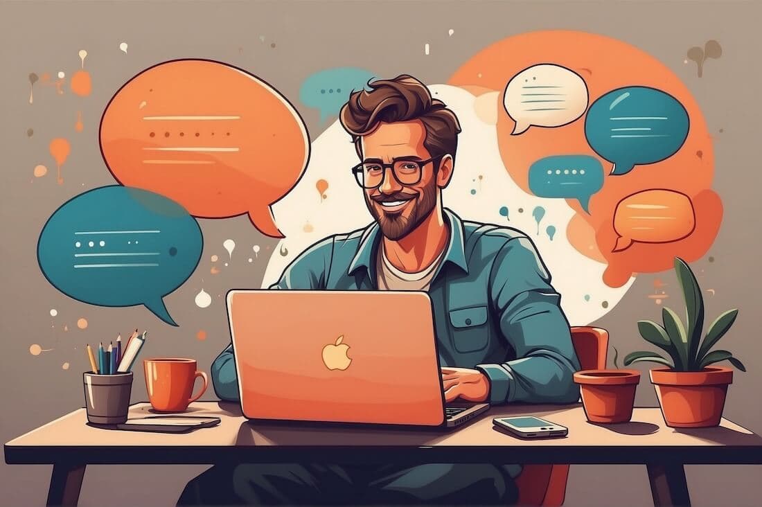 Entrepreneur at laptop with speech bubbles of customer feedback
