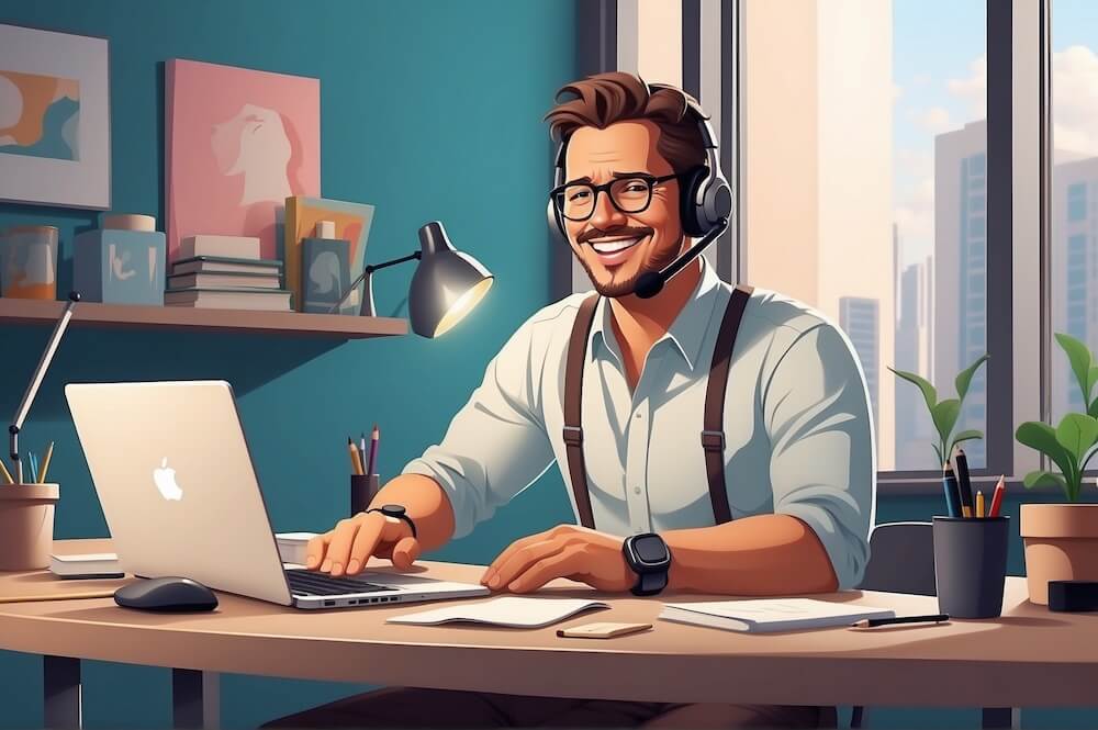 Entrepreneur at his desk talking to a customer on the phone
