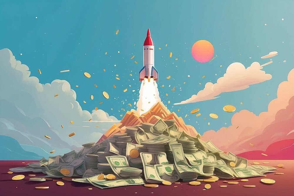 A Rocket taking off from a pile of money