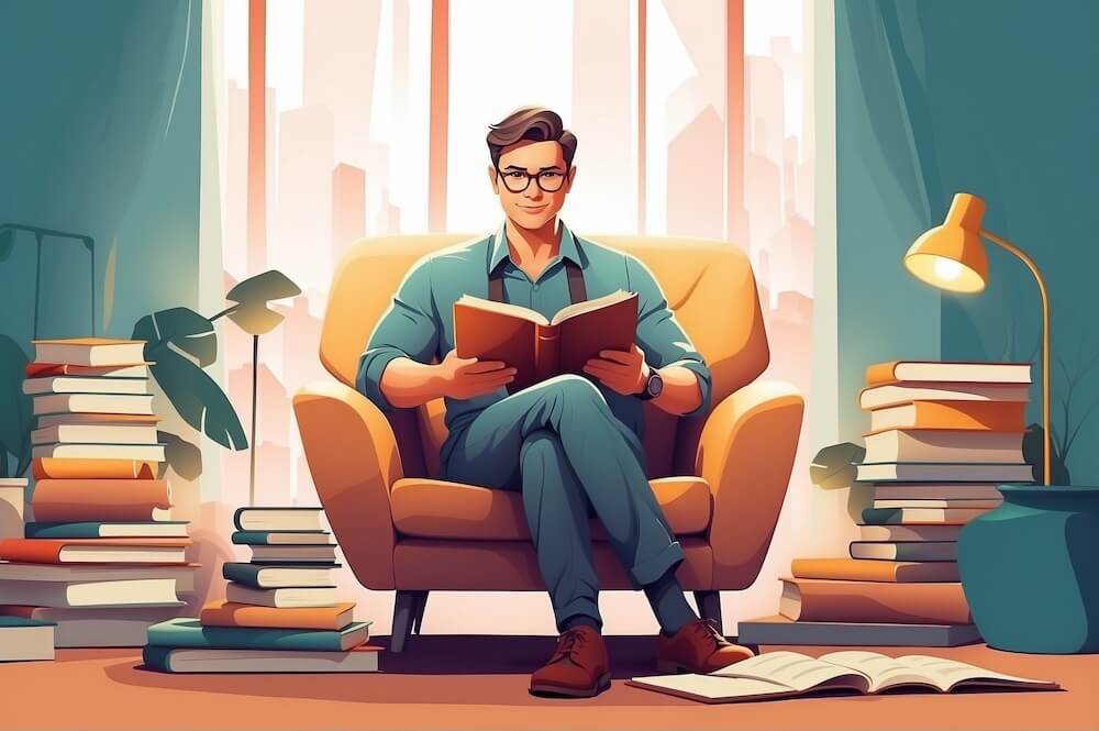 Solopreneur in chair, absorbed in reading for ongoing personal and professional growth