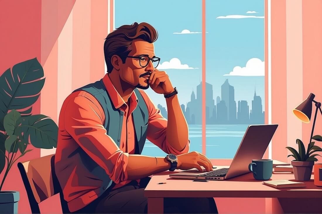An entrepreneur contemplating seed funding at his deskk