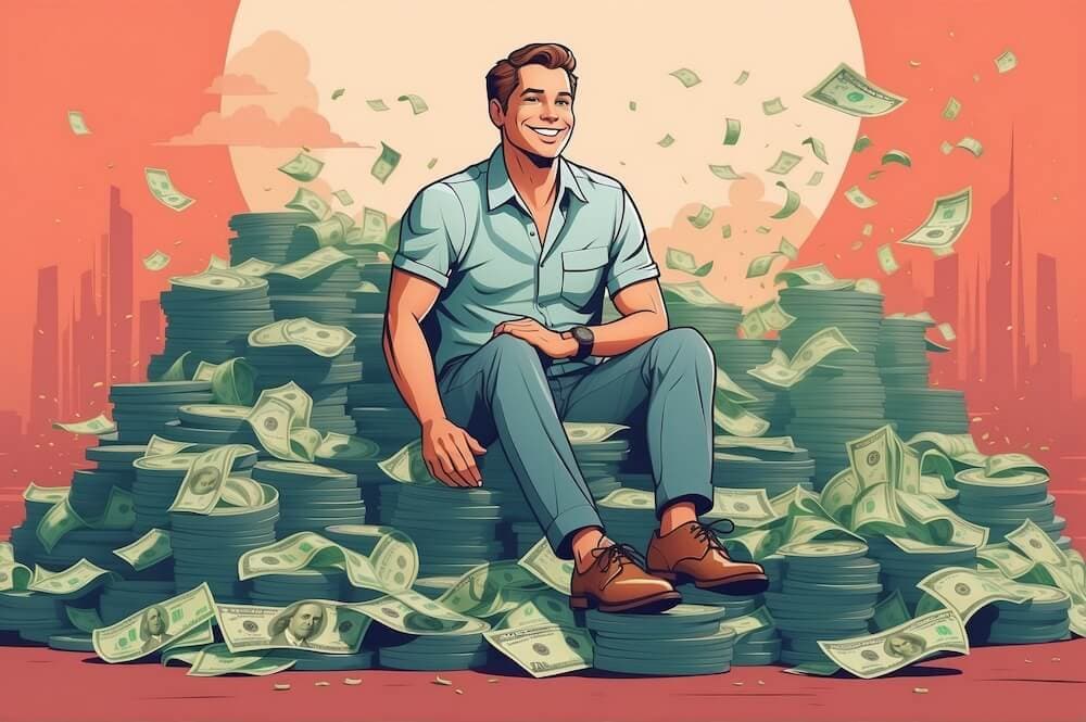An entrepreneur seated on a large pile of money