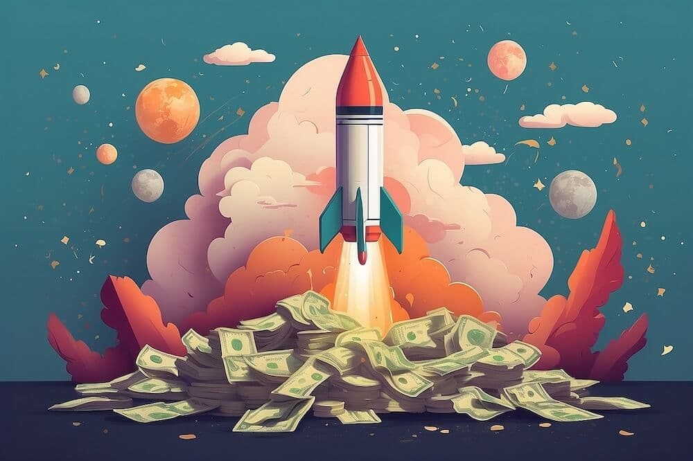 Rocket launching into space surrounded by money