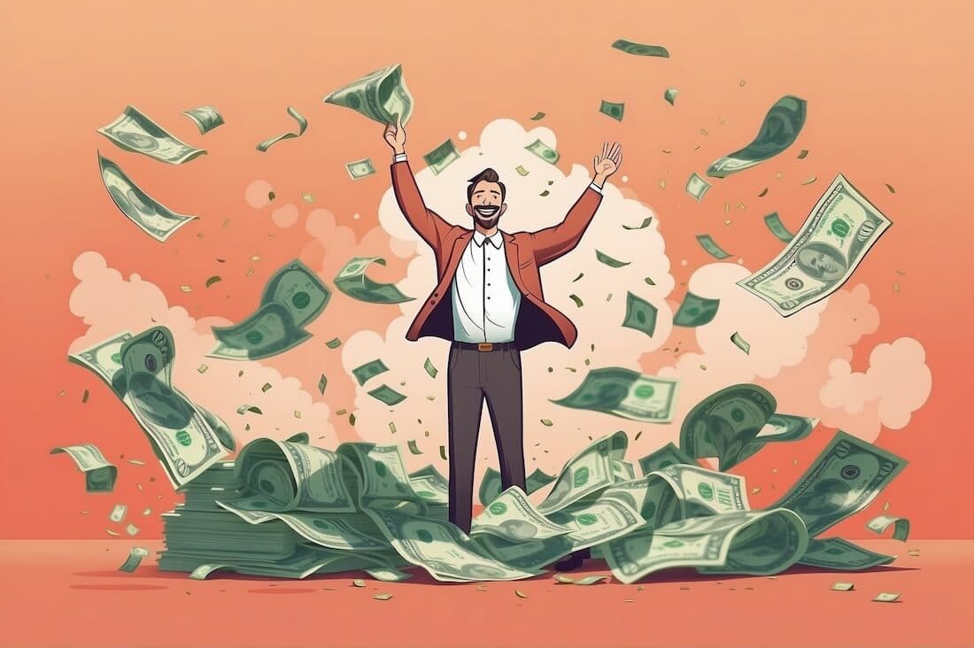 Entrepreneur celebrating seed grant success in a pile of money